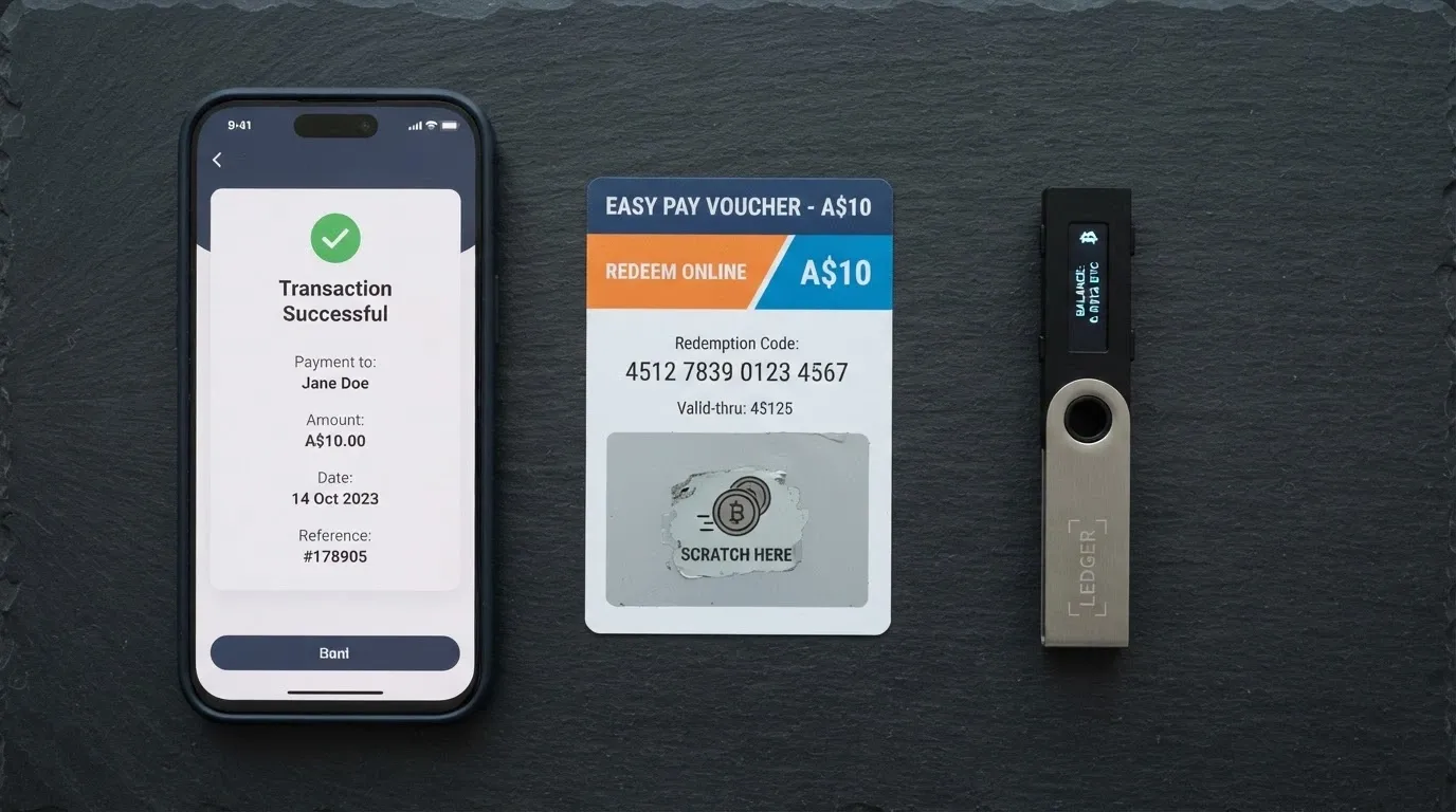 Three payment tokens arranged side by side on a dark surface: a smartphone showing a PayID transfer confirmation, a Neosurf voucher with its A$10 denomination visible, and a hardware wallet displaying a Bitcoin transaction.