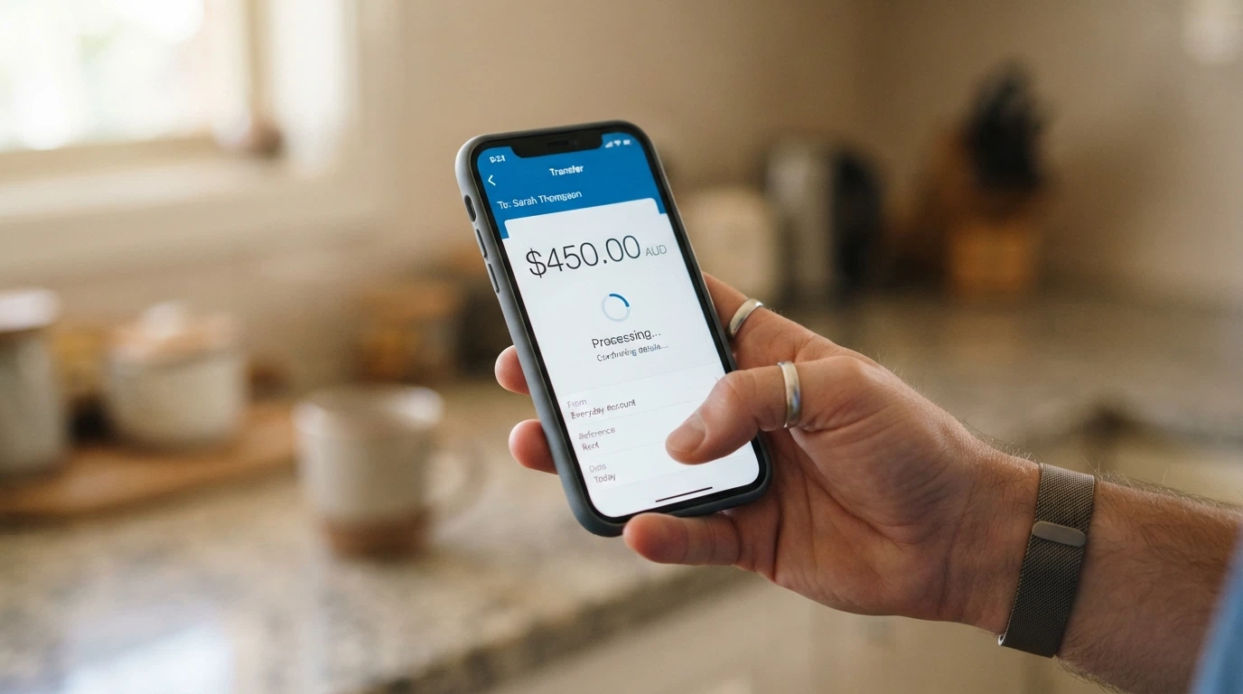 A smartphone showing a banking app with PayID transfer screen, ghosted over a casino deposit page with a processing spinner