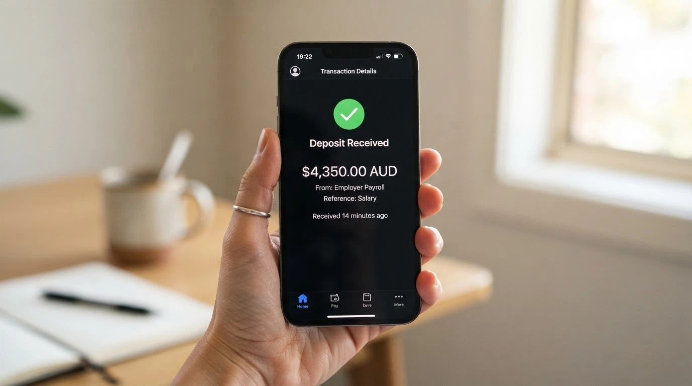 A phone screen showing an Australian banking app with a PayID deposit confirmation and a timestamp reading “Received 14 minutes ago”
