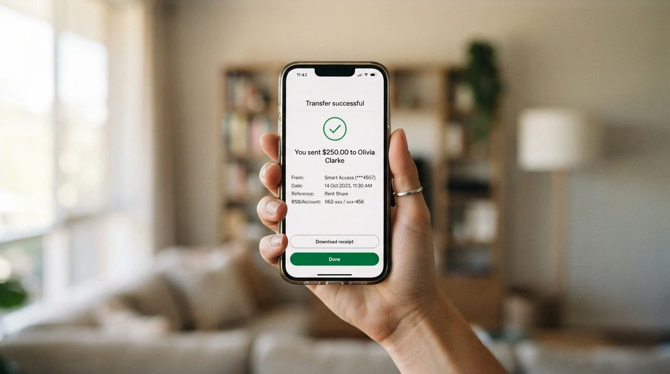 A hand holding a smartphone showing a banking app with a PayID transfer confirmation screen