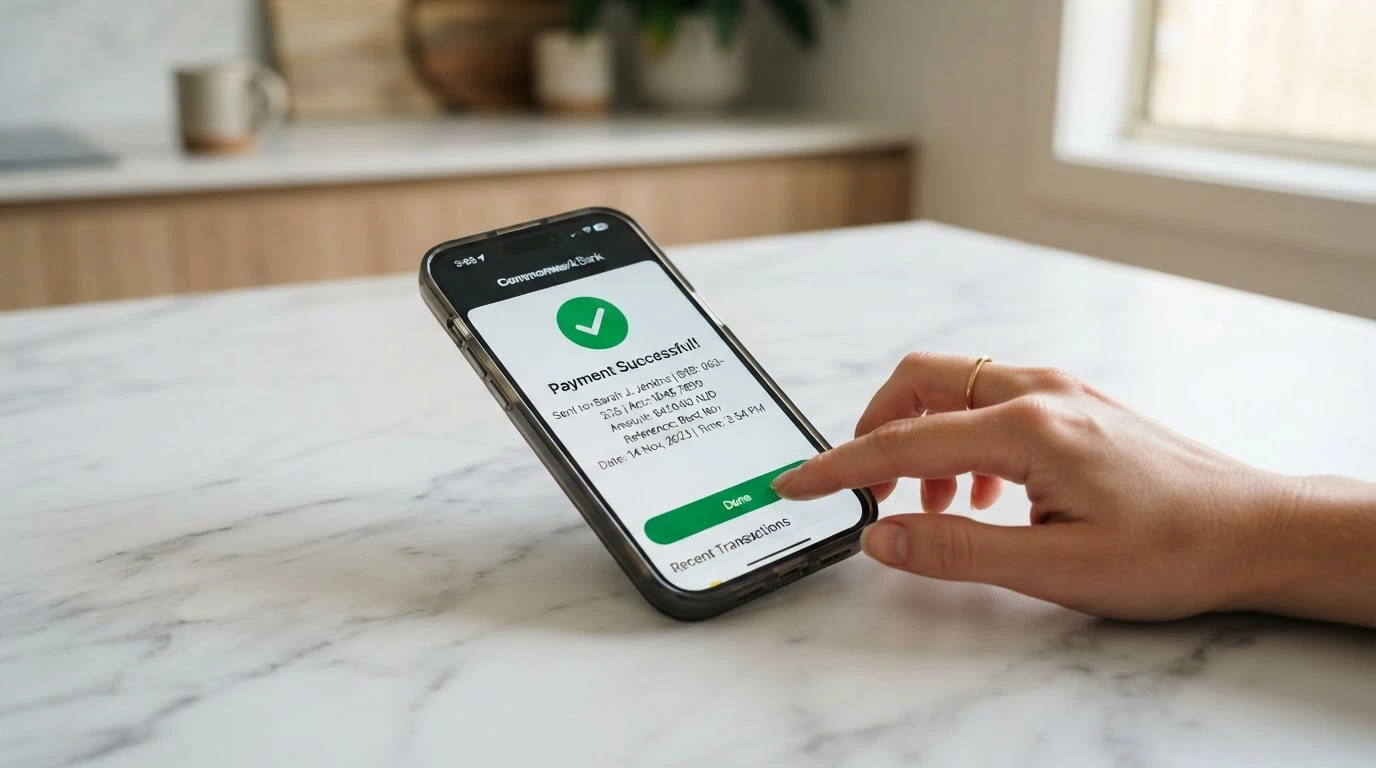 A phone screen showing a PayID transaction confirmation with a timestamp under 15 minutes