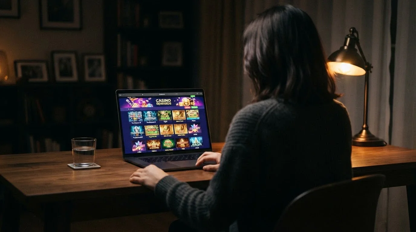 A player sitting at a laptop with a pokies lobby on screen, hands off the keyboard, looking at the screen thoughtfully