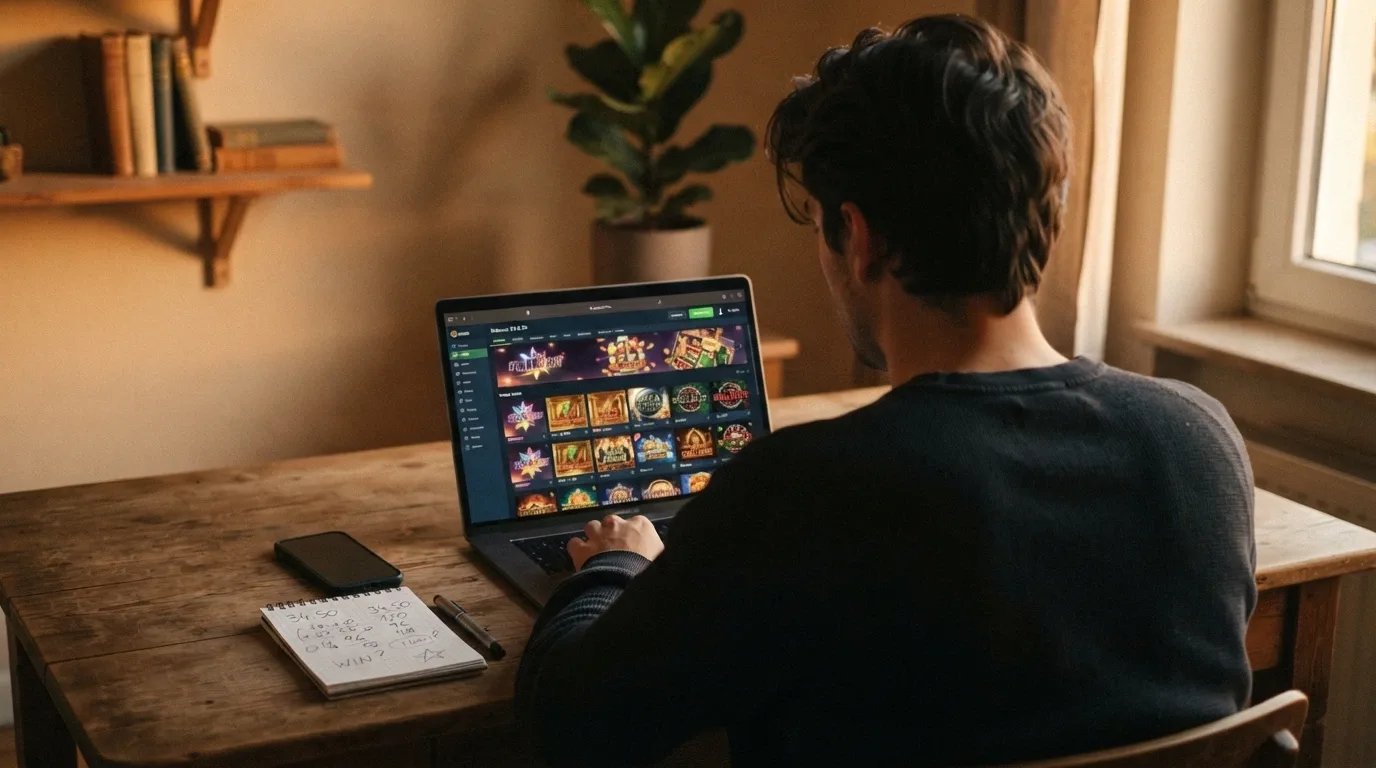 An Australian player sitting at a desk with a laptop open, looking at a casino site, phone to one side, notepad with figures visible
