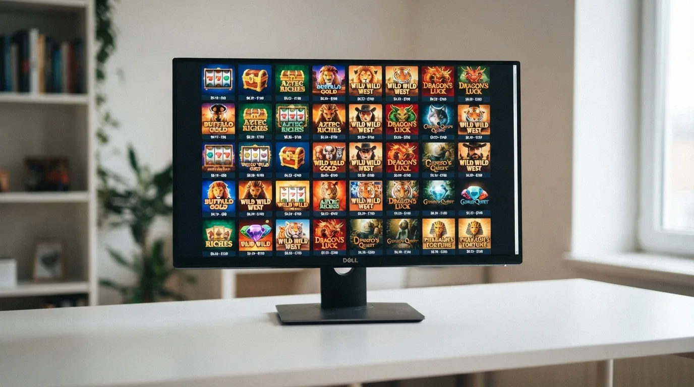 A grid of online pokies game tiles in bright colours displayed on a desktop browser, showing game titles and bet ranges