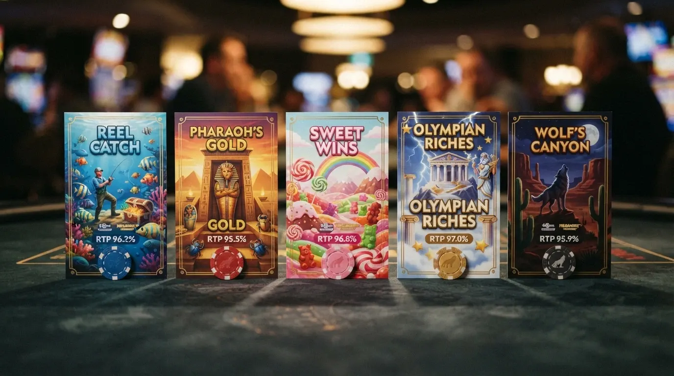 A row of five pokies title cards — Big Bass Bonanza, Book of Dead, Sweet Bonanza, Gates of Olympus and Wolf Treasure — each with its provider logo beneath