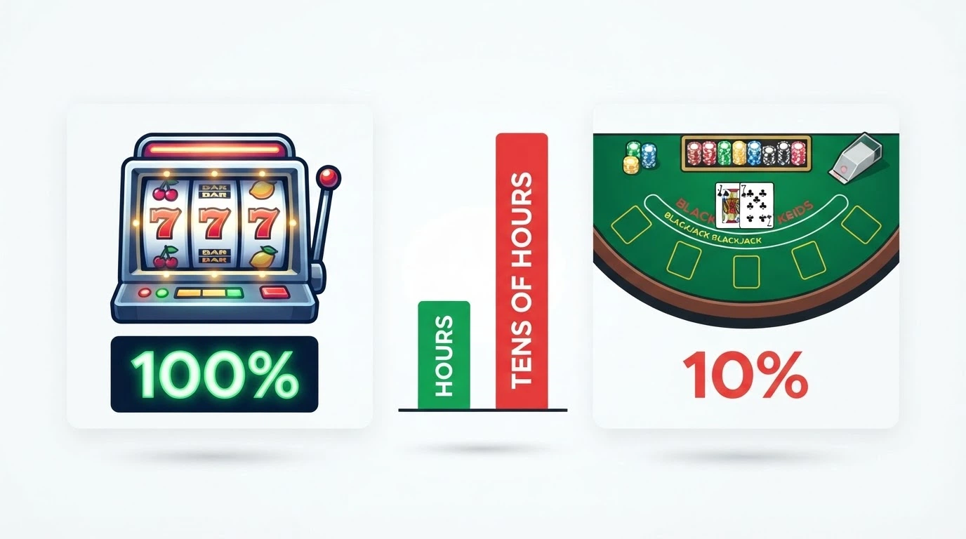 A split screen showing pokies at 100% contribution on one side and a blackjack table at 10% on the other, with the turnover time difference in hours beneath each