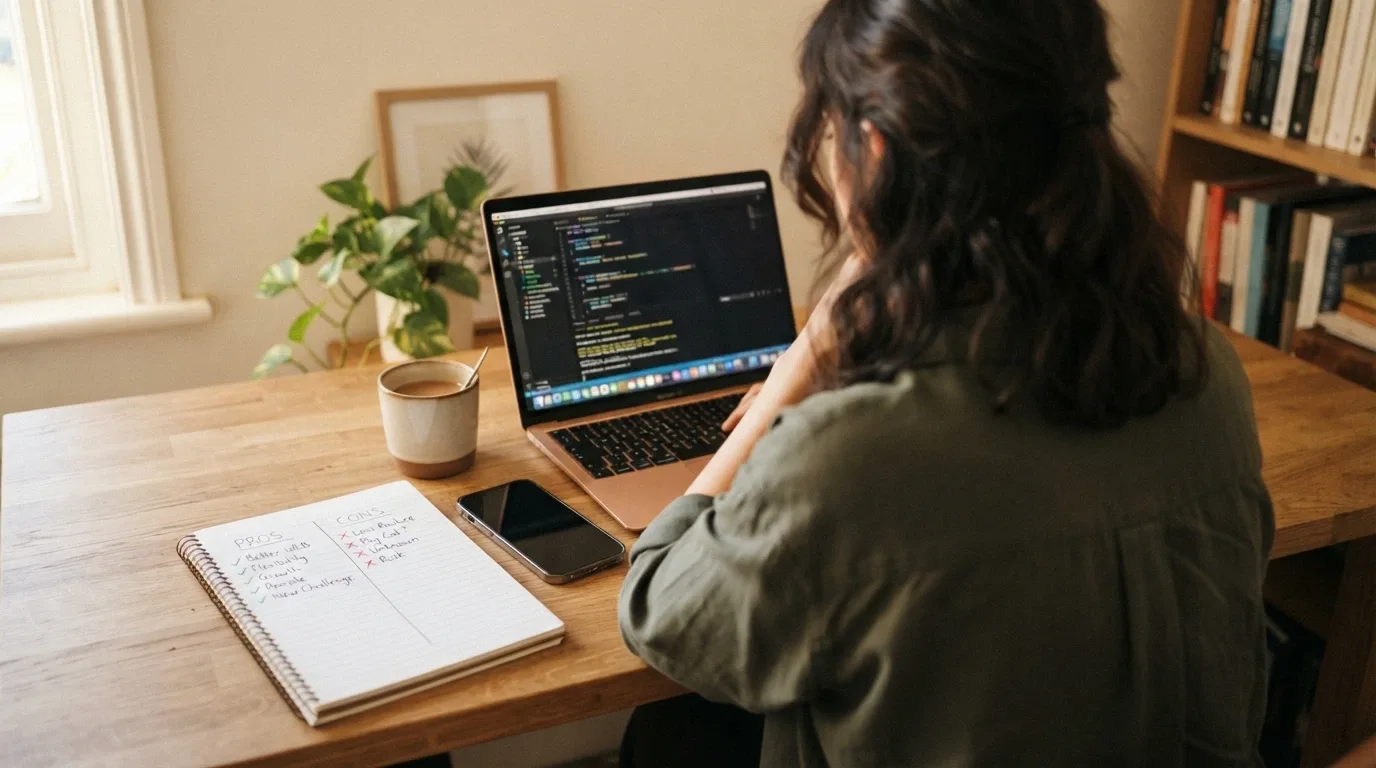 A person at a desk with a laptop open, looking at a notepad with handwritten pros and cons beside a phone