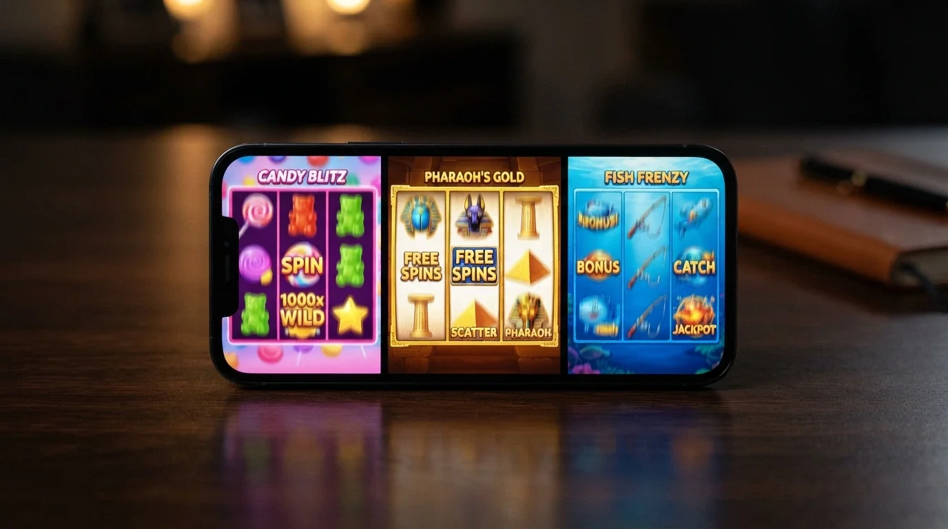 A row of popular online pokie title screens including Book of Dead, Sweet Bonanza and Big Bass Bonanza