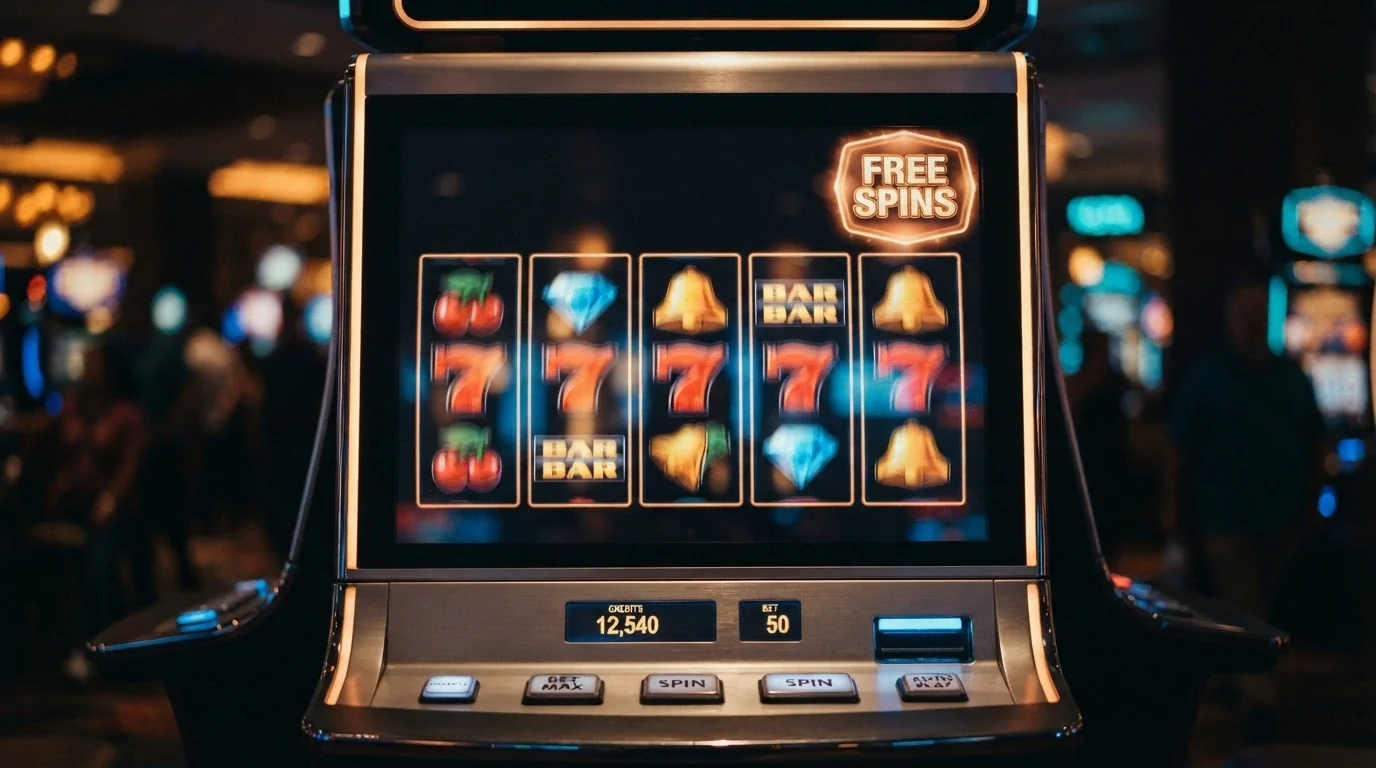 A row of five colourful slot-machine reels mid-spin, with a “Free Spins” badge overlaid on the screen