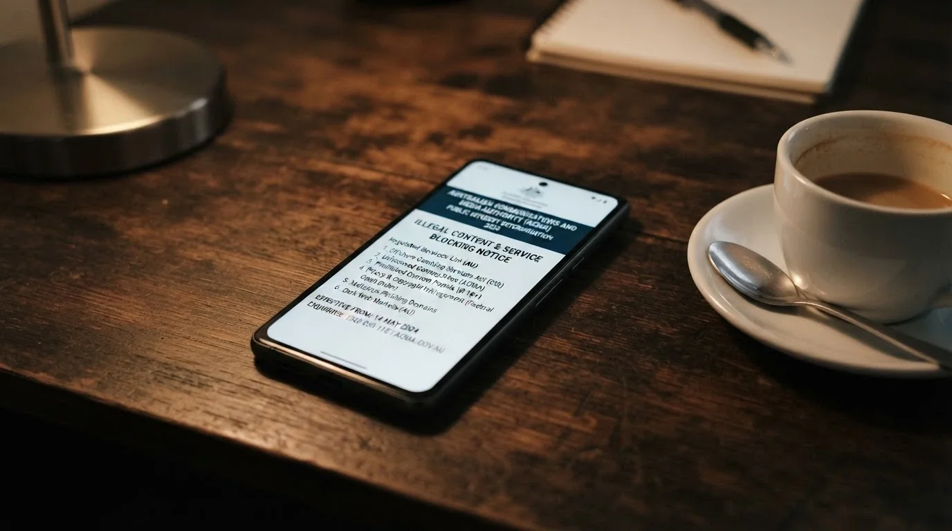 A smartphone displaying an ACMA website notice about illegal gambling services, on a desk beside a coffee cup