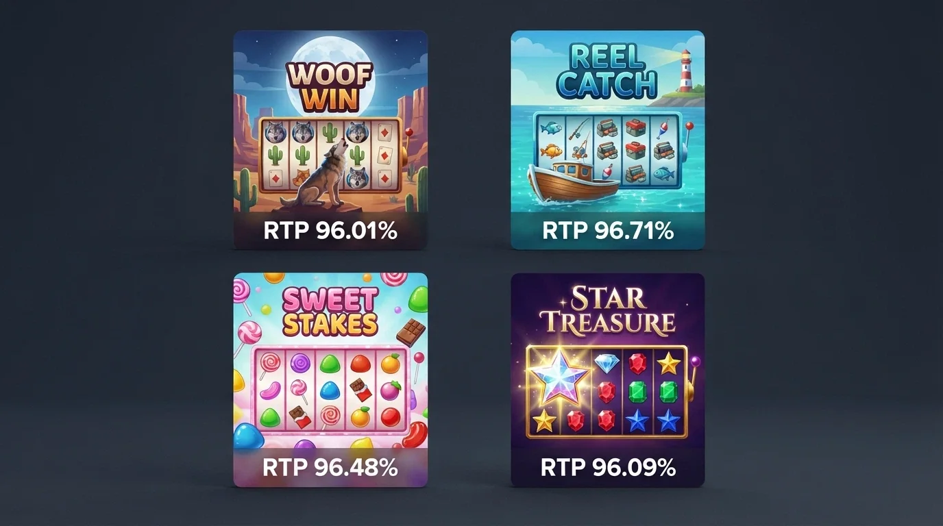 A grid of four pokie title cards — Wolf Gold, Big Bass Bonanza, Sweet Bonanza and Starburst — with their RTP percentages overlaid