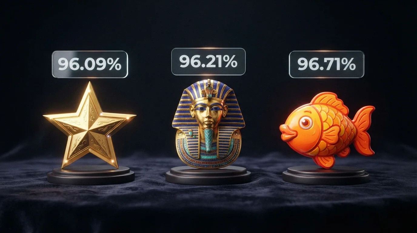 Three slot symbols — a star, a pharaoh and a fish — representing Starburst, Book of Dead and Big Bass Bonanza with their RTP percentages overlaid