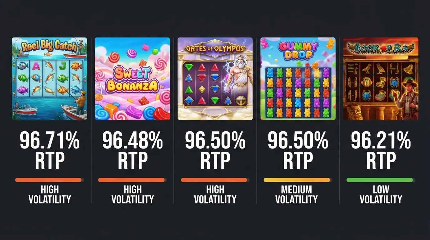 A grid of five popular online pokies — Big Bass Bonanza, Sweet Bonanza, Gates of Olympus, Sugar Rush and Book of Dead — with their RTP percentages and volatility ratings overlaid on each tile