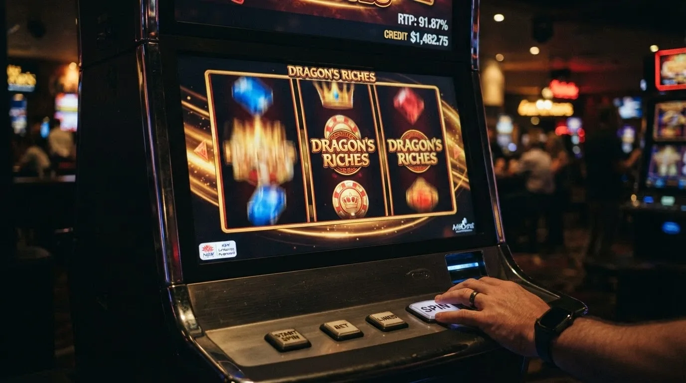 A spinning pokie reels screen with an RTP percentage shown in the corner