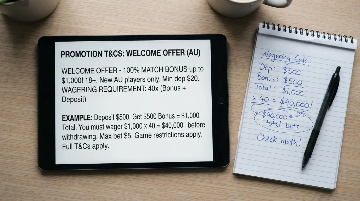 A close-up of bonus terms and conditions displayed on a tablet screen, with a pen resting on a notepad beside it showing handwritten figures