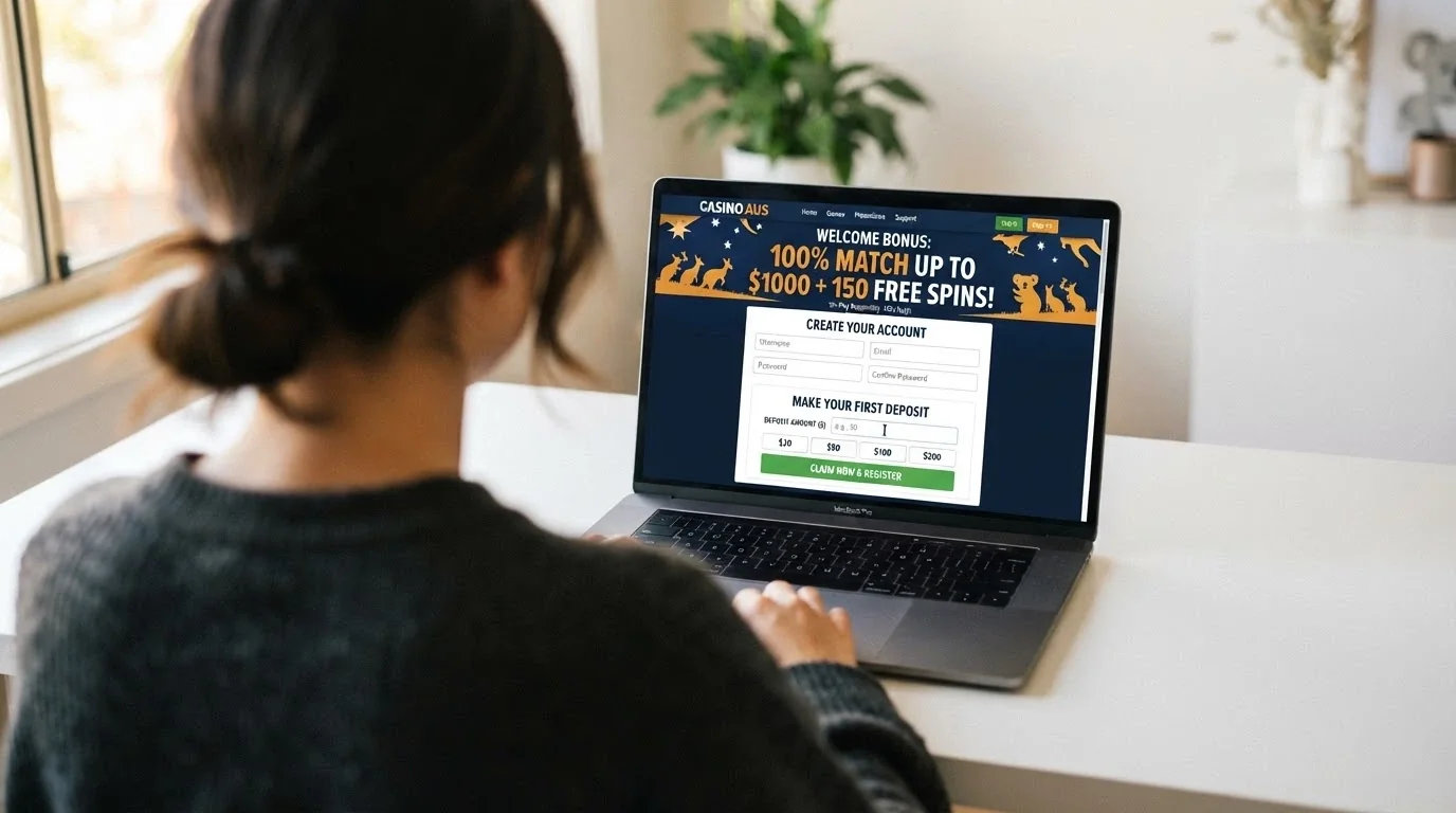 A casino sign-up form on a laptop screen with the welcome-bonus banner visible above it, showing a percentage match and a free-spin count, while the deposit-amount field below sits empty.