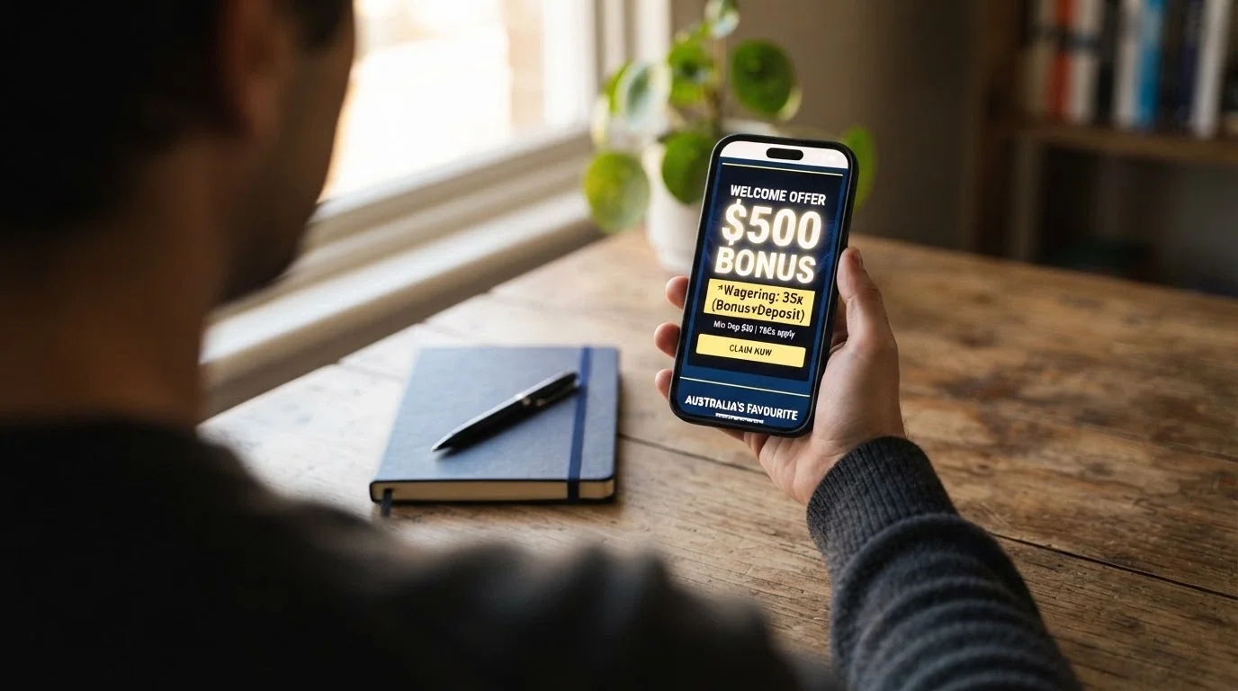 A smartphone displaying a pokies welcome-offer screen with the wagering-requirement fine print highlighted or magnified for emphasis