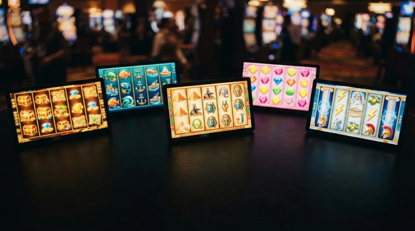 A grid of five pokie title cards — Wolf Treasure, Big Bass Bonanza, Book of Dead, Sweet Bonanza, Gates of Olympus — in colourful thumbnail style