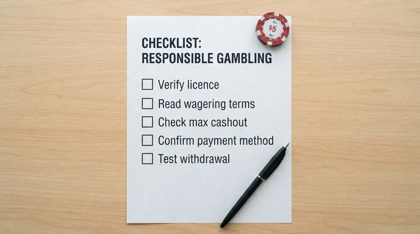 A simple checklist on a desk: verify licence, read wagering terms, check max cashout, confirm payment method, test withdrawal — each item with a tick box beside it