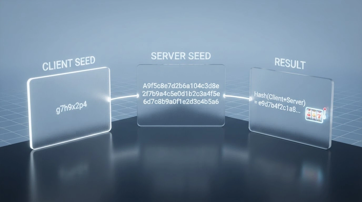 A simplified diagram showing a seed hash chain — client seed + server seed → combined hash → game outcome — overlaid on a pokies reel graphic
