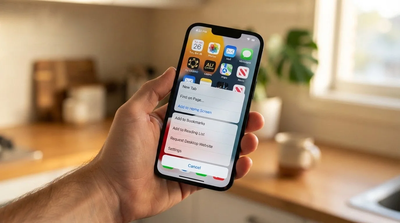 A smartphone home screen showing a casino PWA shortcut icon being added from the Chrome browser menu
