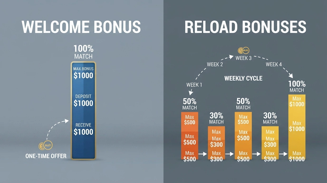 A side-by-side comparison of a one-time welcome bonus package and a recurring reload bonus offer, with dollar amounts and match percentages highlighted on each