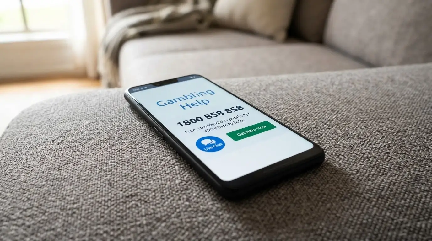 A phone screen showing the Gambling Help Online homepage with the 1800 858 858 helpline number prominently displayed