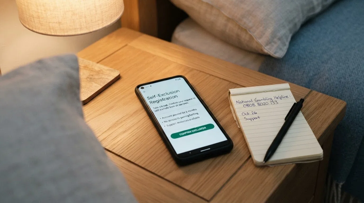 A phone screen showing the BetStop registration page beside a notepad with the National Gambling Helpline number written on it