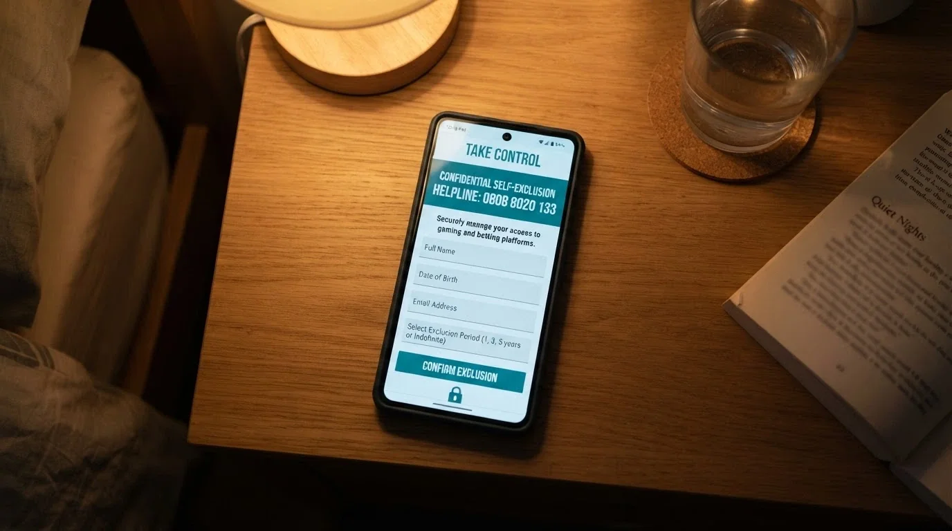 A phone screen showing the BetStop registration page and the 1800 858 858 National Gambling Helpline number