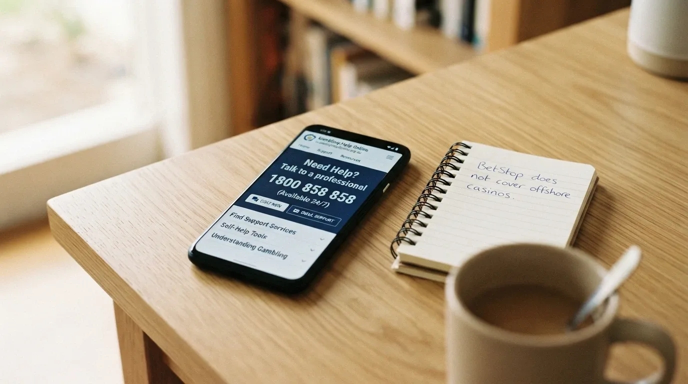 A phone screen showing the Gambling Help Online homepage with the 1800 858 858 helpline number prominent, beside a notepad with “BetStop does not cover offshore casinos” written on it