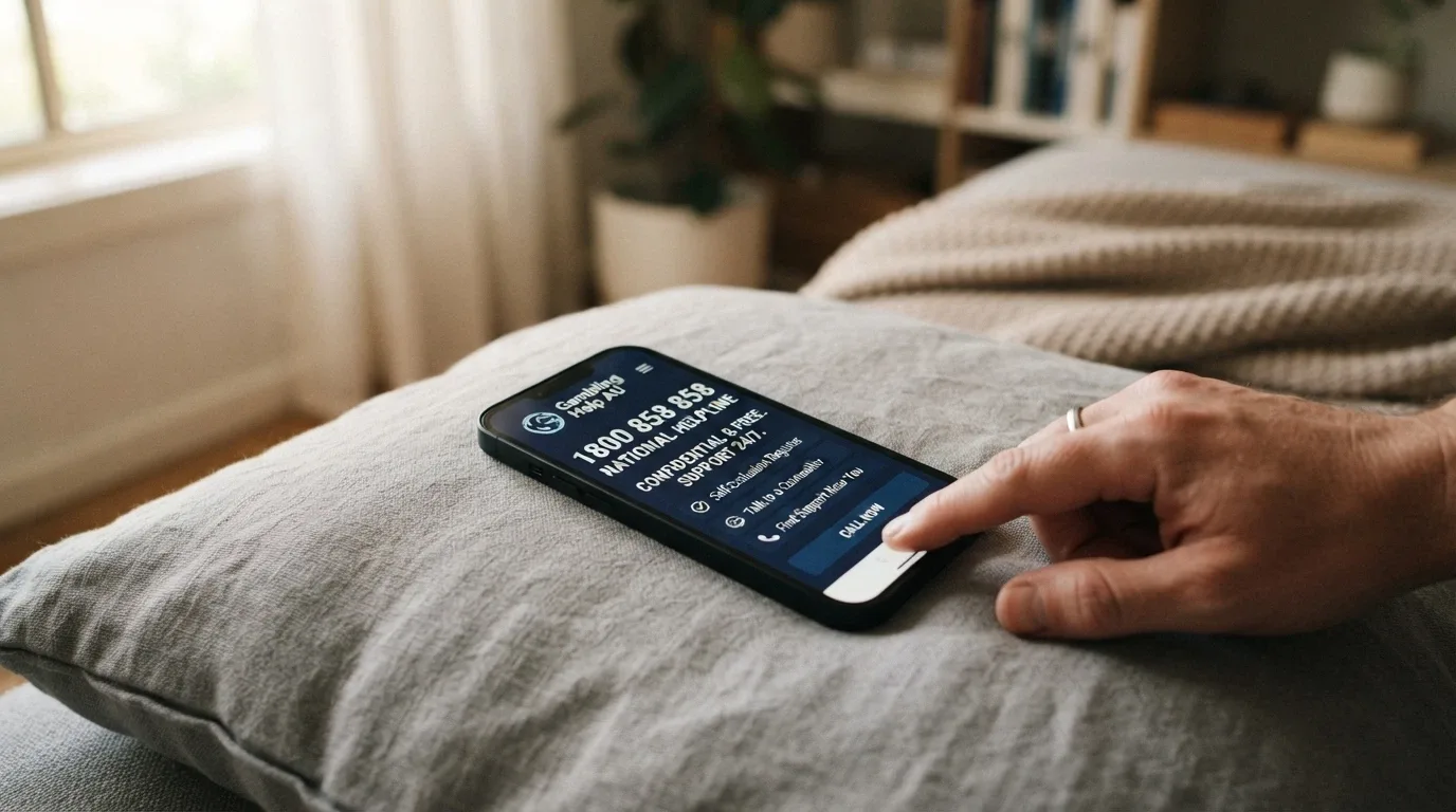 A phone displaying the Gambling Helpline number 1800 858 858 alongside a self-exclusion register screen