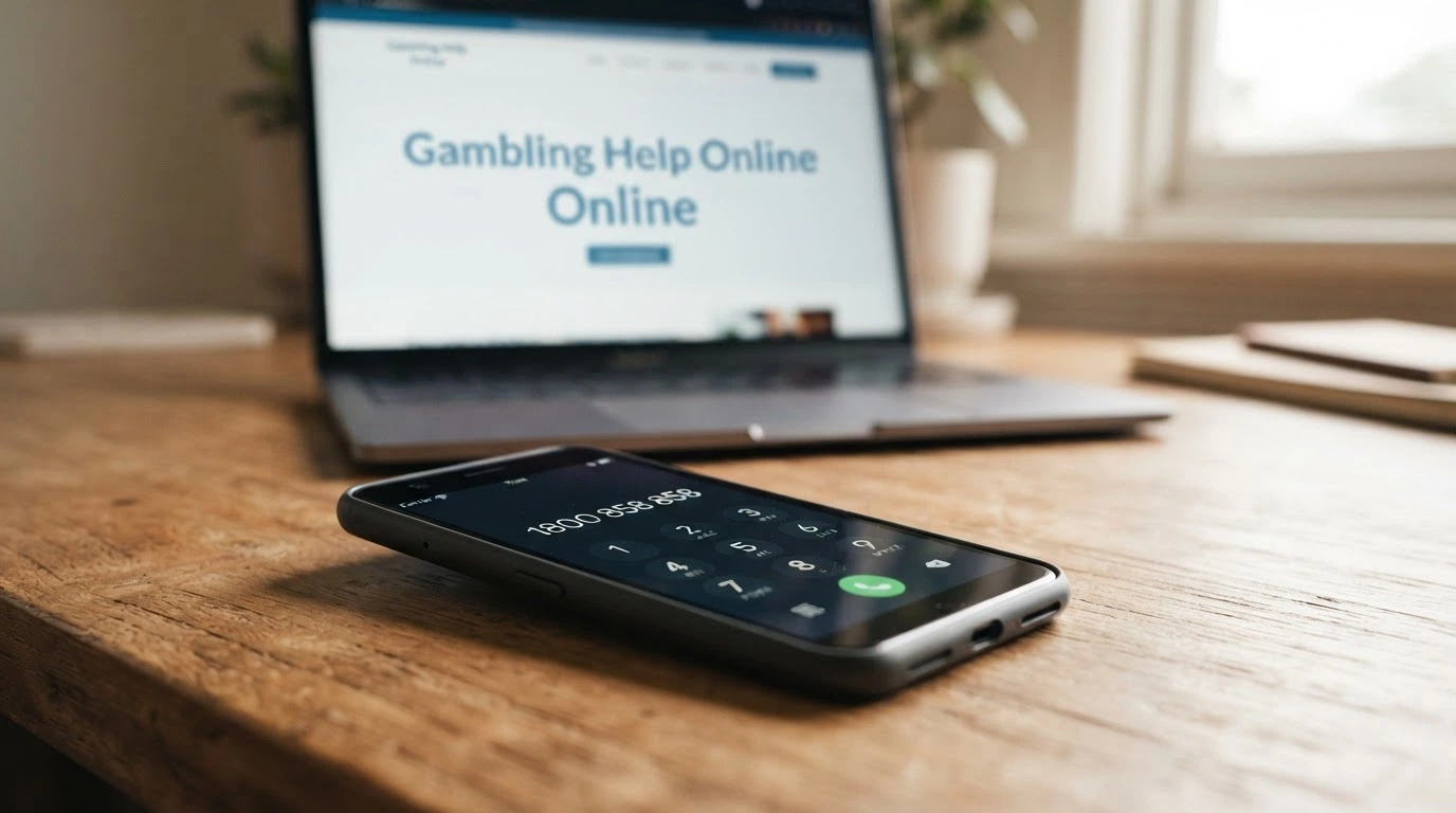 A close-up of a phone keypad with 1800 858 858 entered, the handset off to the side, and the words Gambling Help Online visible on a screen in the background