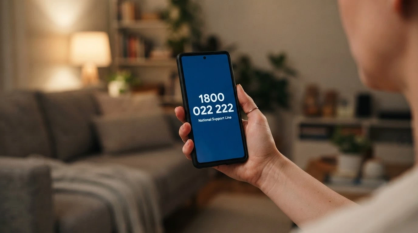 A close-up of a phone dialling 1800 858 858 with the Gambling Help Online logo visible on a screen beside it