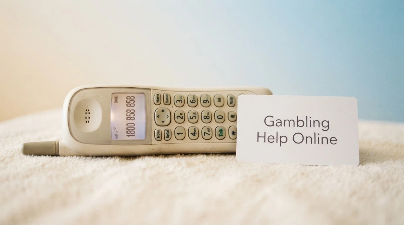 A calm, supportive visual — a phone handset with the number 1800 858 858 displayed, set against a soft gradient background, with the Gambling Help Online logo beside it