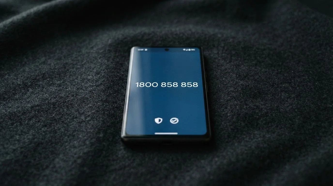 A phone displaying the 1800 858 858 National Gambling Helpline number beside the BetStop and Gambling Help Online logos on a dark, calm background