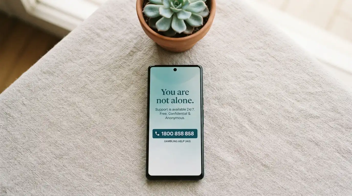 A phone displaying the 1800 858 858 Gambling Helpline number on a calm, supportive background
