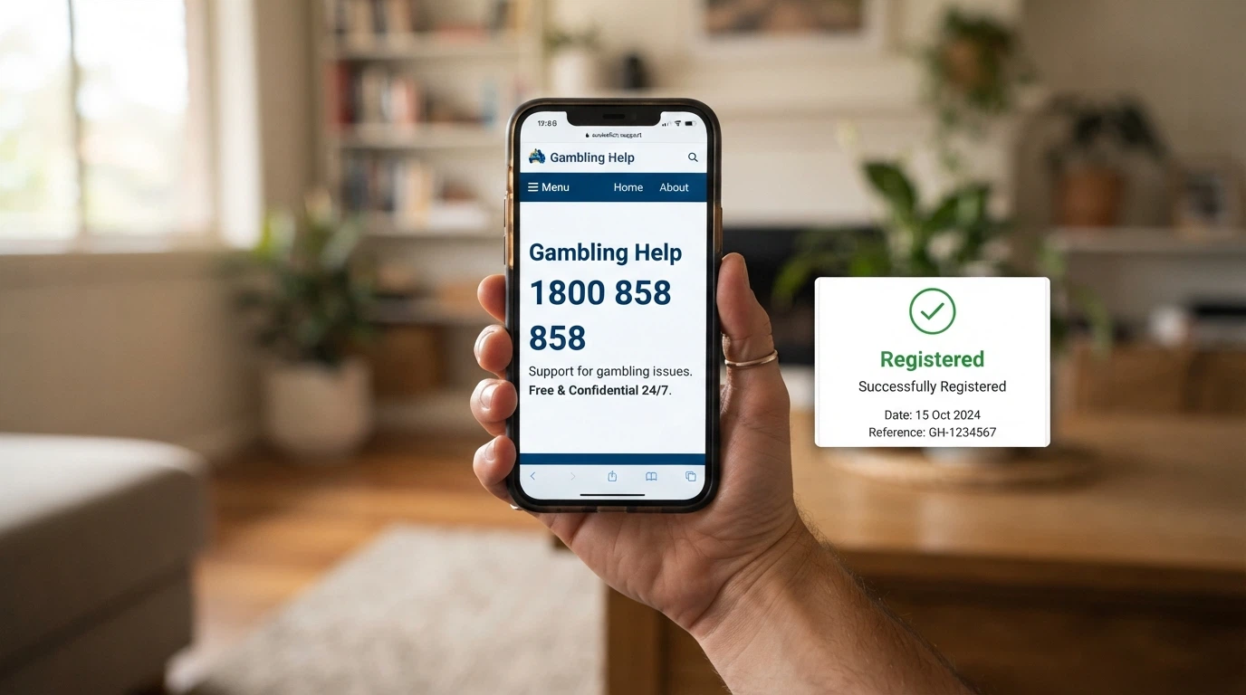 A phone screen showing the Gambling Help Online homepage with the 1800 858 858 helpline number prominently displayed, next to a BetStop registration confirmation screen