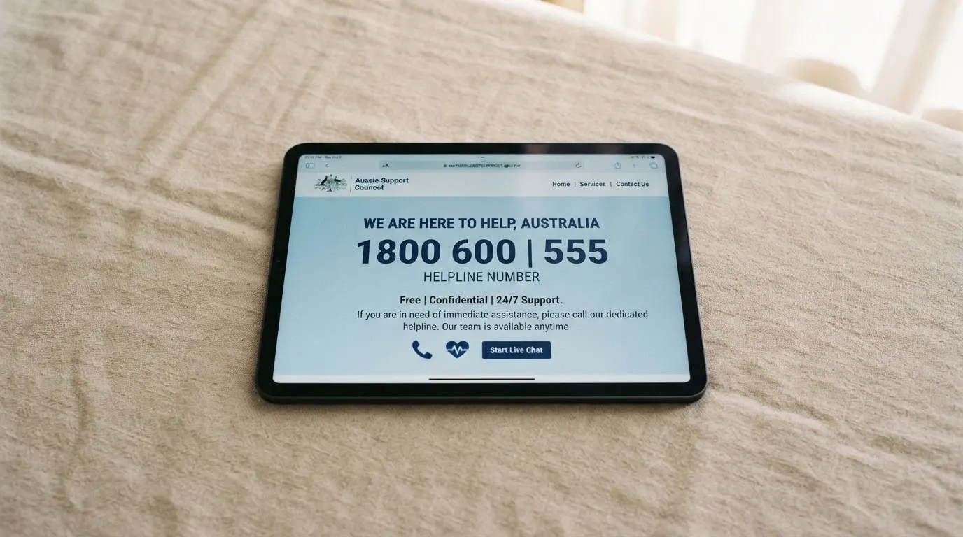 A calm composition showing a Gambling Help Online support screen on a device, with the 1800 858 858 helpline number visible