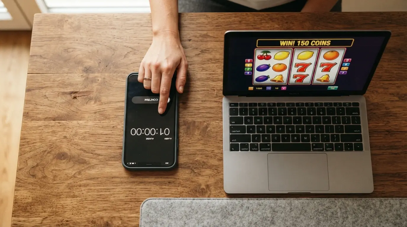 A player's hand setting a session-time alarm on a phone placed beside a laptop showing a 3-reel pokie screen