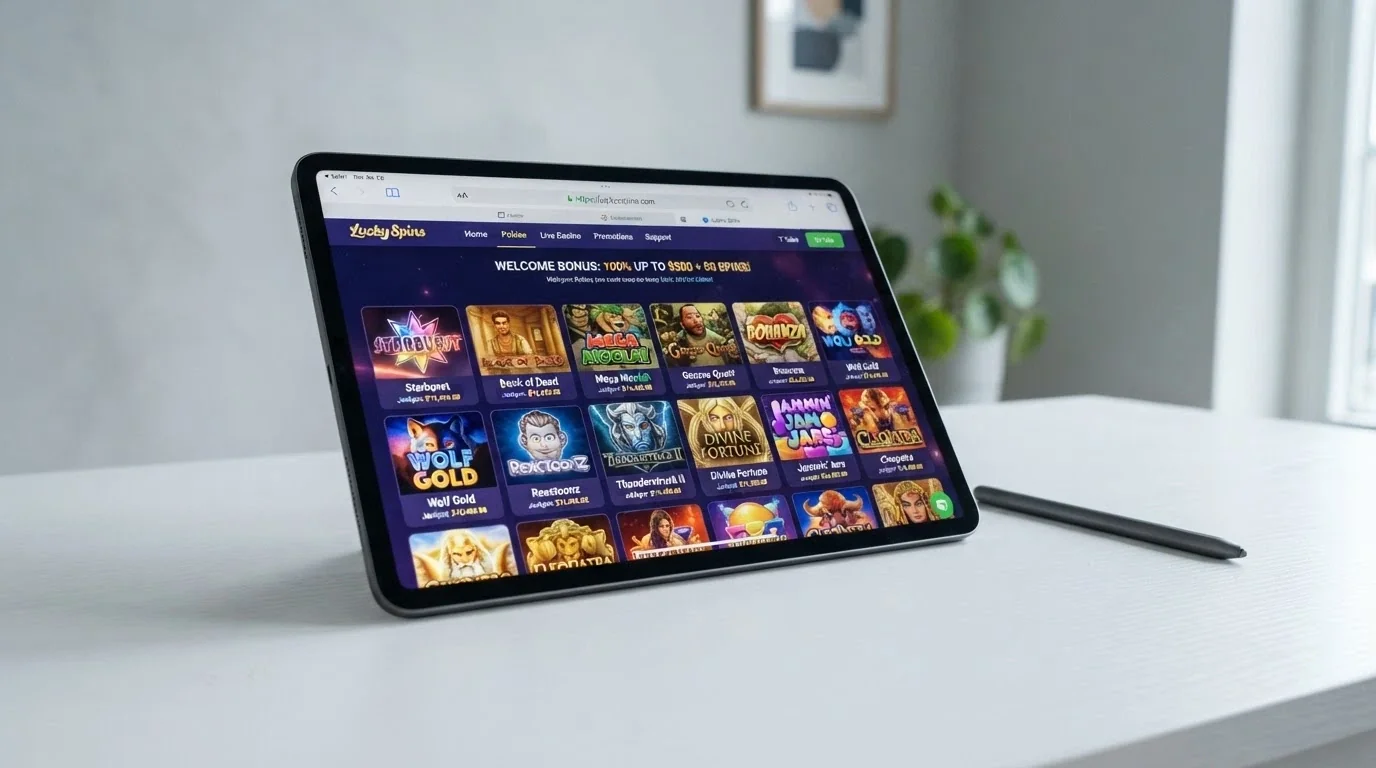 An iPad with Safari open to a casino lobby, the browser tabs and address bar visible, a pokie thumbnail grid filling the screen
