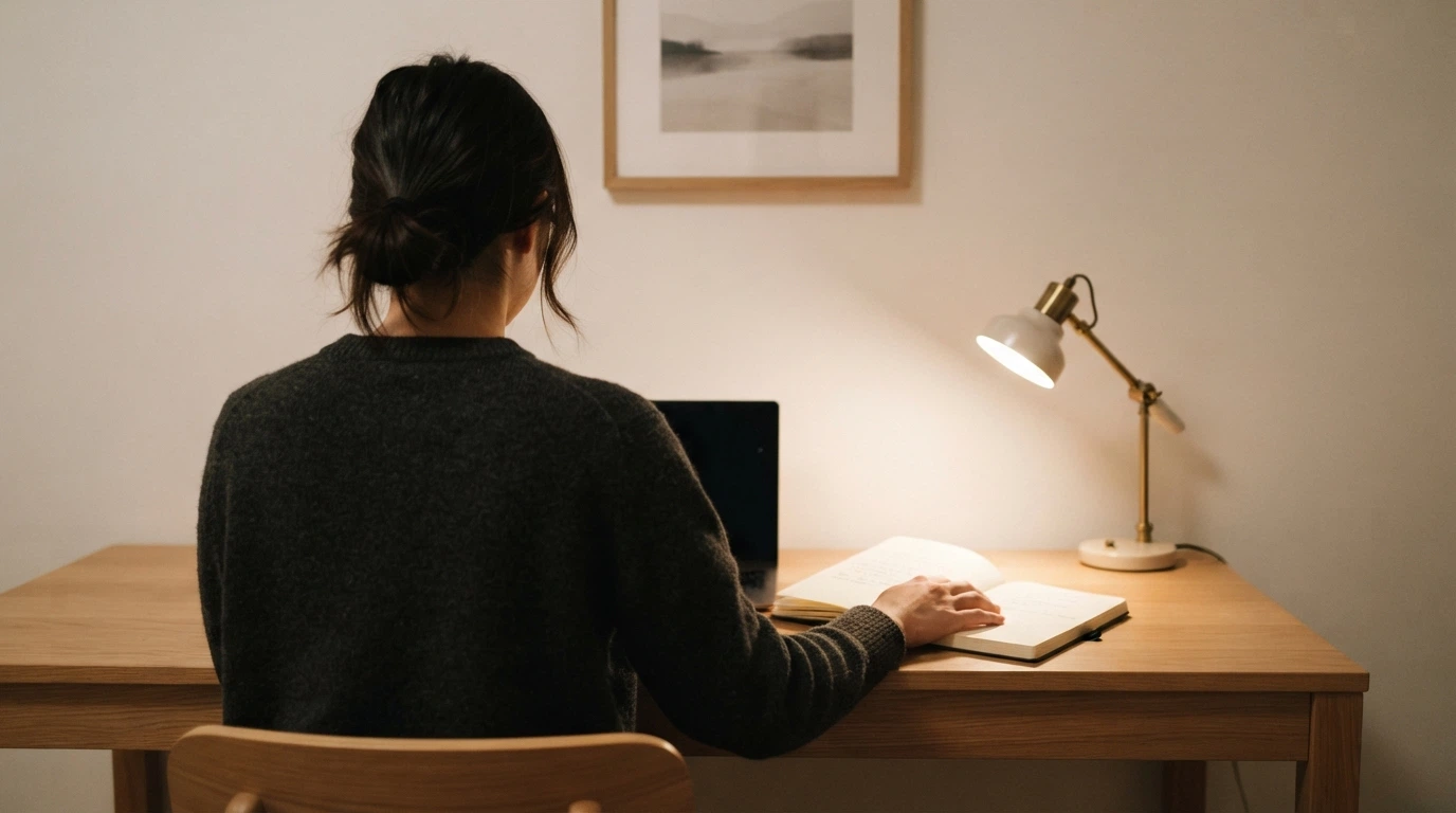 A person sitting at a desk with a laptop, one hand on a notebook, the scene conveying deliberation rather than action — no casino interface visible