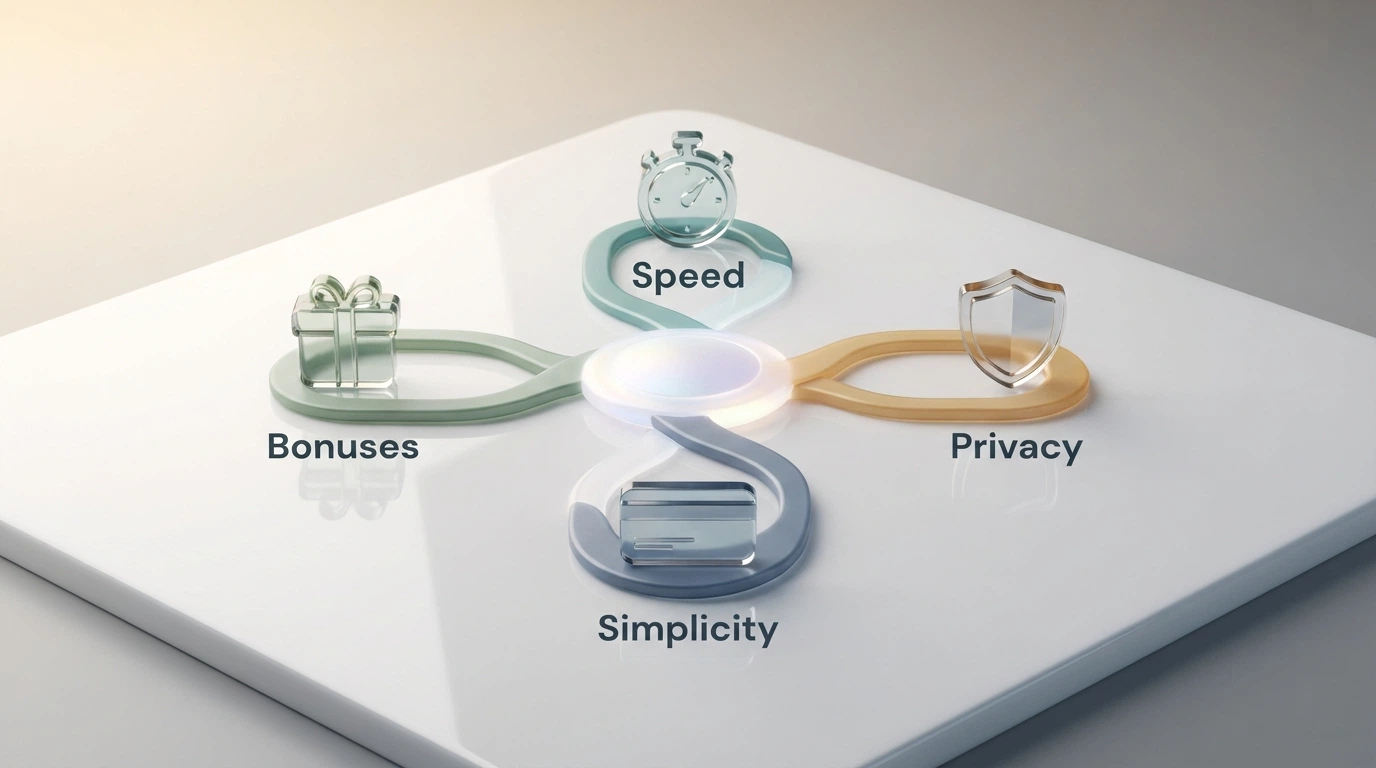 A decision-flow diagram with branching paths: speed, privacy, simplicity and bonus eligibility, each leading to a recommended payment method type