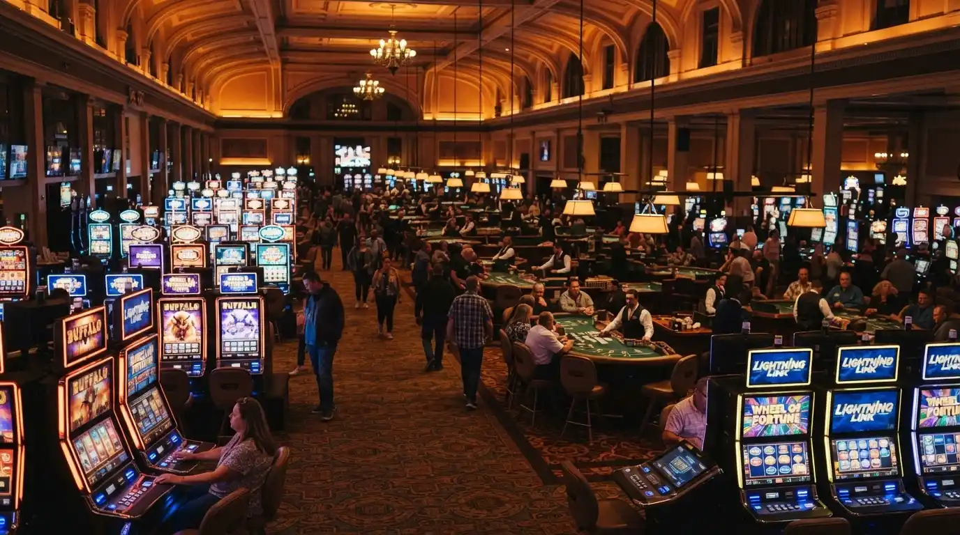 Rows of electronic gaming machines across the SkyCity Adelaide gaming floor with table games visible in the background under warm casino lighting