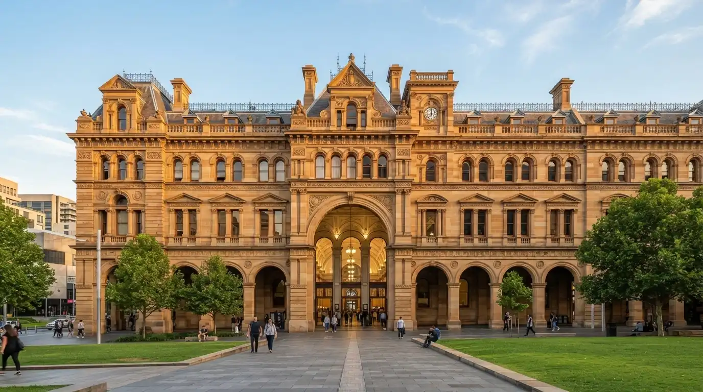 The heritage-listed sandstone façade of the former Adelaide railway station building, now housing SkyCity Adelaide on North Terrace