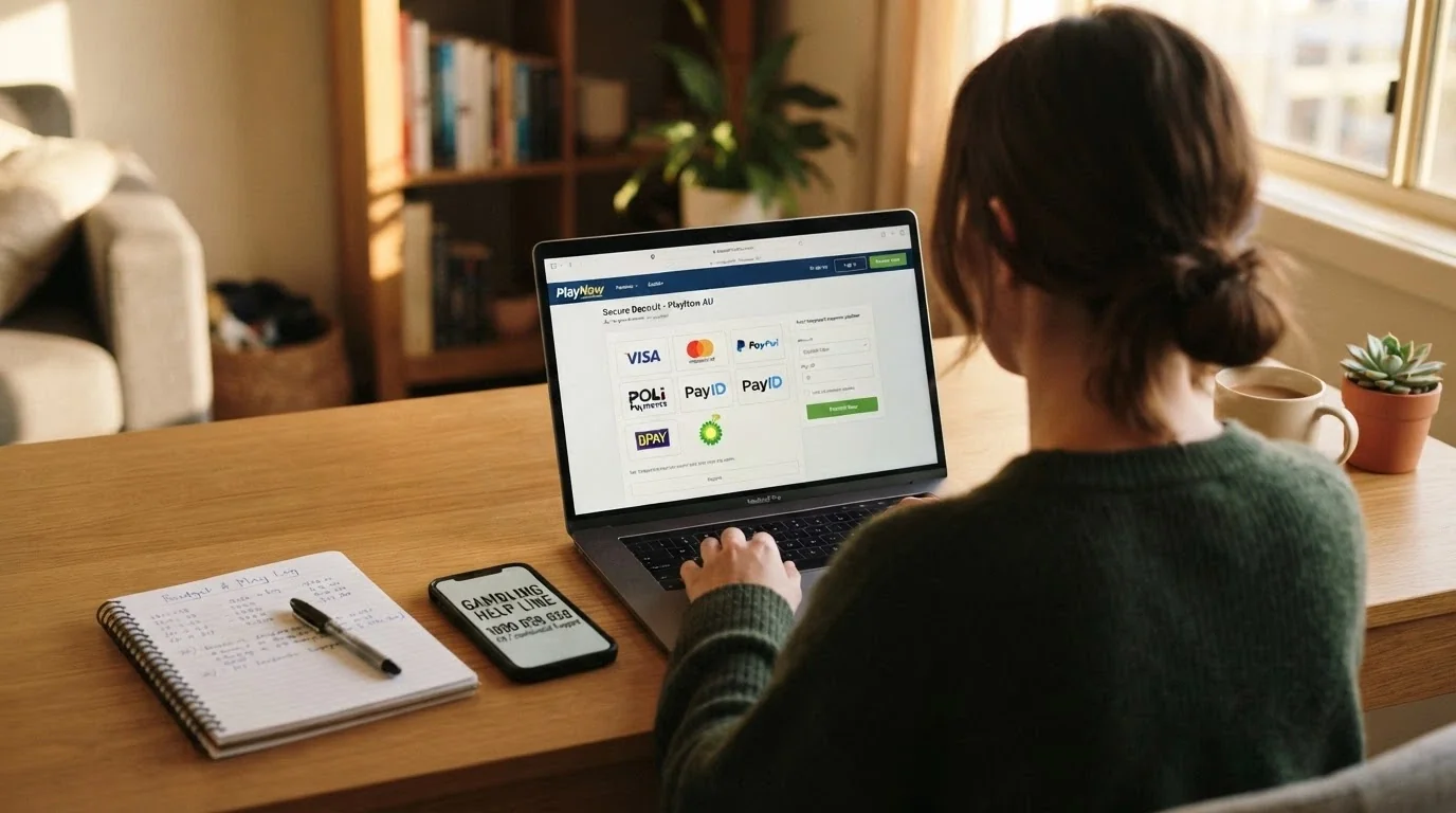 A person at a laptop with a notepad listing payment method priorities, a casino cashier page open on screen, and a phone showing the Gambling Helpline number