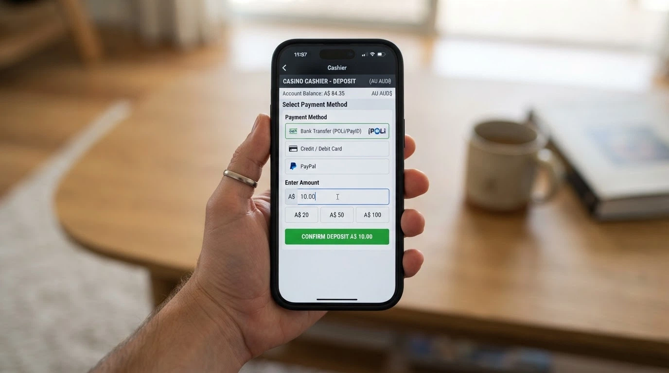 A hand holding a smartphone in portrait orientation, the screen displaying a mobile casino deposit page with PayID selected as the method and a A$10 amount pre-filled — the $1 option is absent.