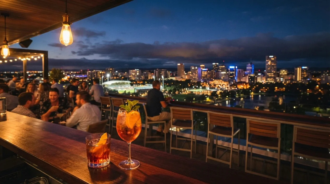 Sol Bar and Restaurant at SkyCity Adelaide with rooftop seating, city skyline views and evening cocktail service