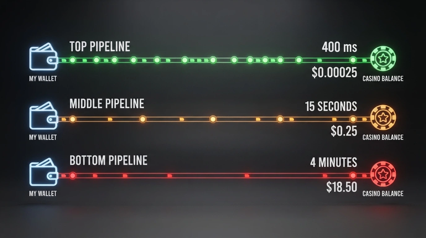 A diagram comparing Solana, Bitcoin and Ethereum casino transaction flows — showing confirmation times, network fees and the casino-side processing step