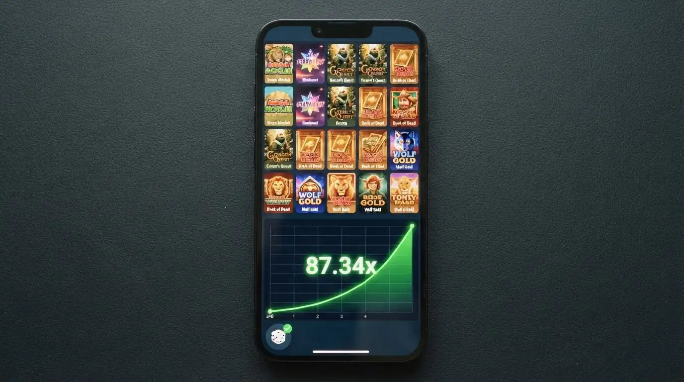A casino game lobby screen showing slot thumbnails, a crash-game multiplier graph and provably fair verification data for a dice round