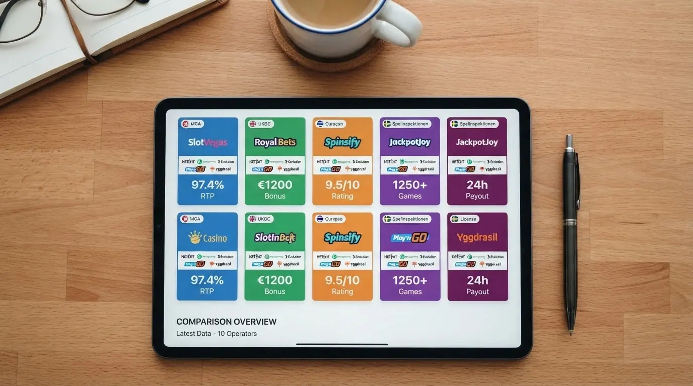 A visual ranking layout of ten Solana casino operator cards showing licence badges, game-provider logos and key comparison metrics